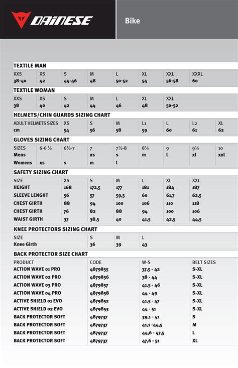 Dainese Sizing Charts